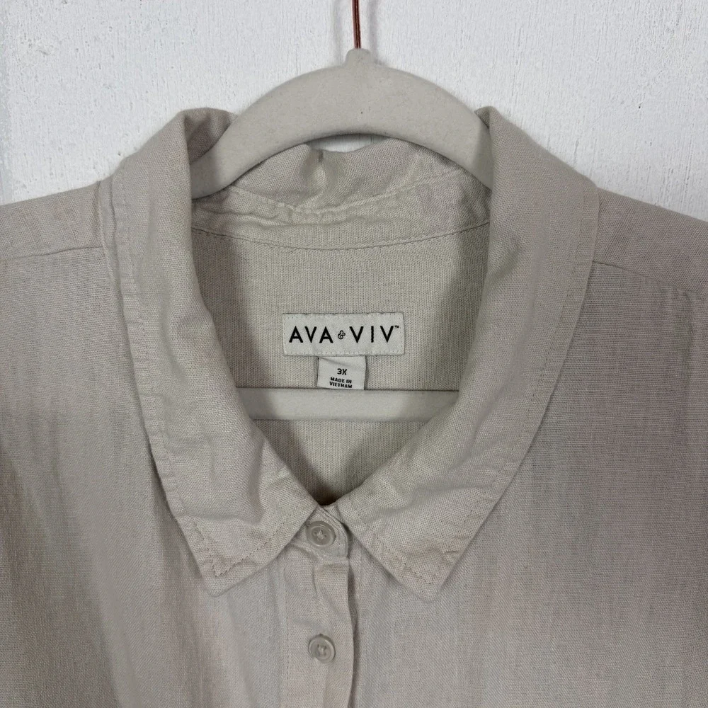 Ava & Viv Button Up Top Plus SZ 3X Linen Blend Wrap-Back Neutral Beach Coastal - Picture 2 of 12